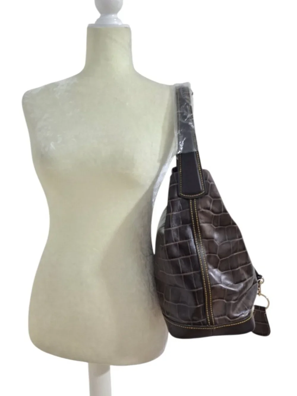 Dooney & Bourke Brown Croco Embossed Leather Logo Lock Hobo Shoulder Bag